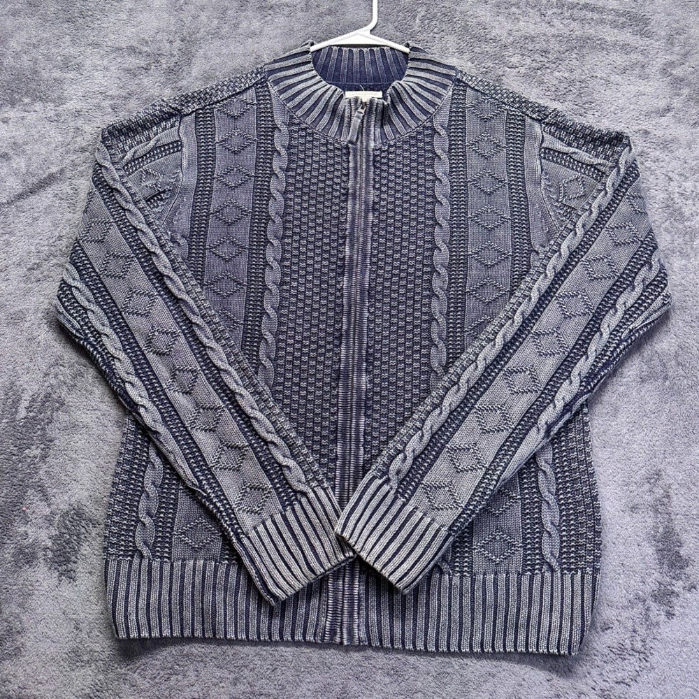 Carbon 2 Cobalt Cardigan Mens L Blue Cable Knit Linen Cotton Full Zip Sweater